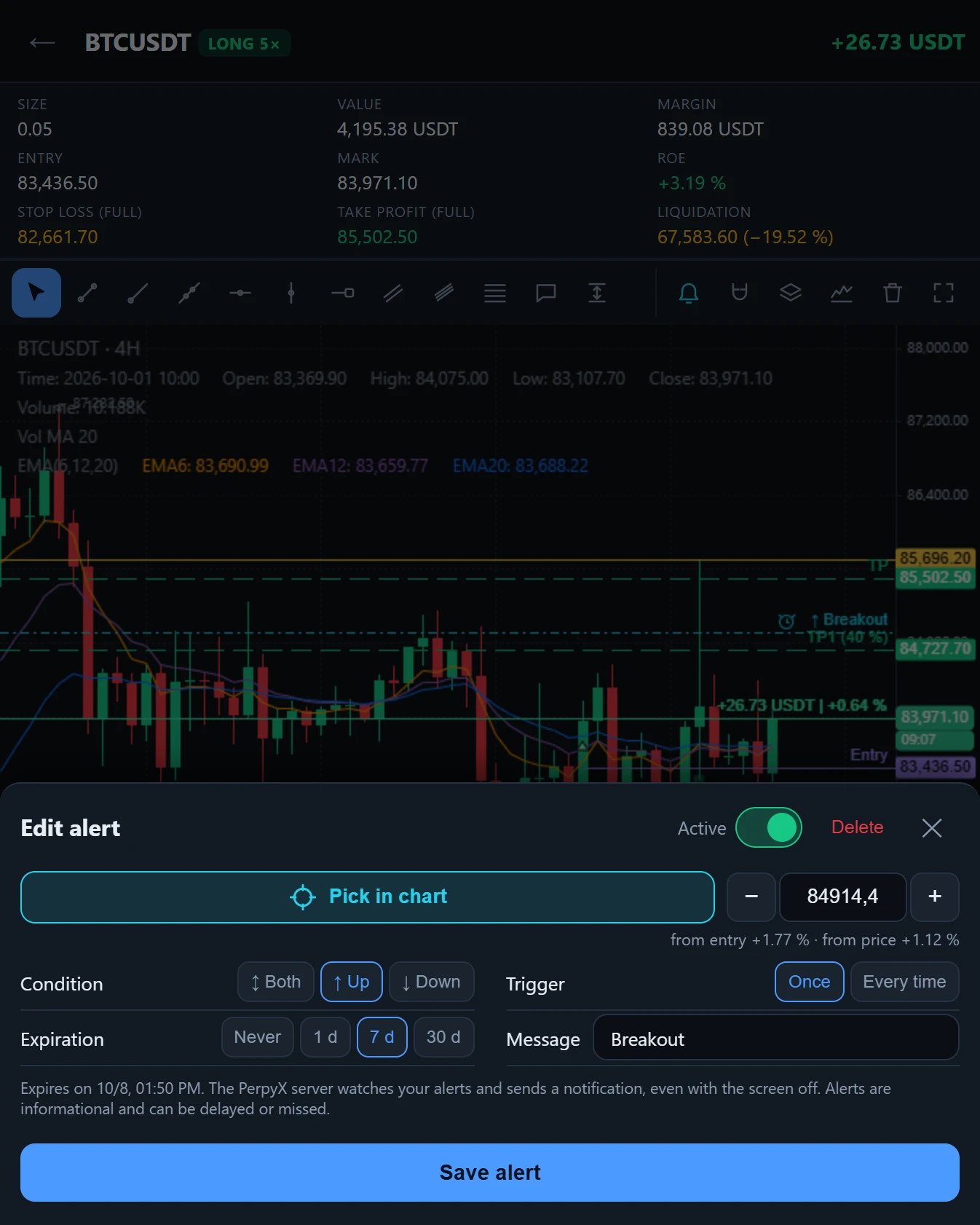 Setting a price alert on the chart